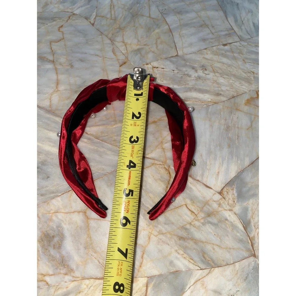 Red Satin Knotted Headband Faux Pearl Candy Cane Christmas Holiday‎ Charms Wide